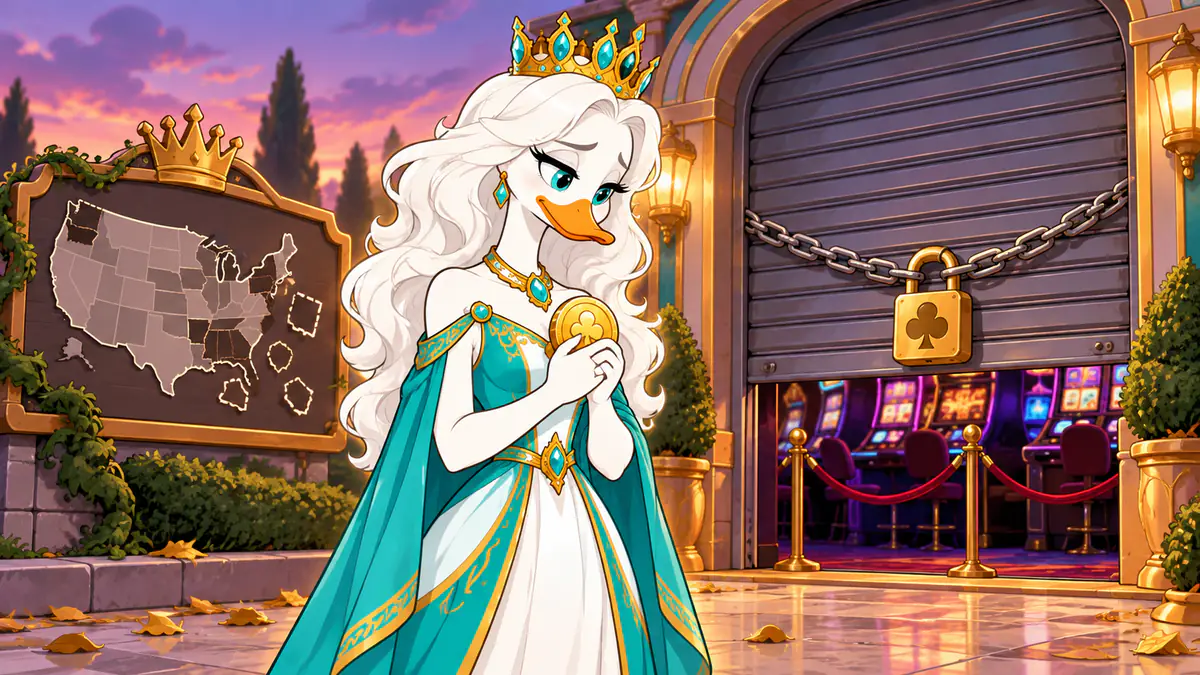 Queen Quacksie holding a coin in front of a casino with its shutter padlocked and a US map on the wall