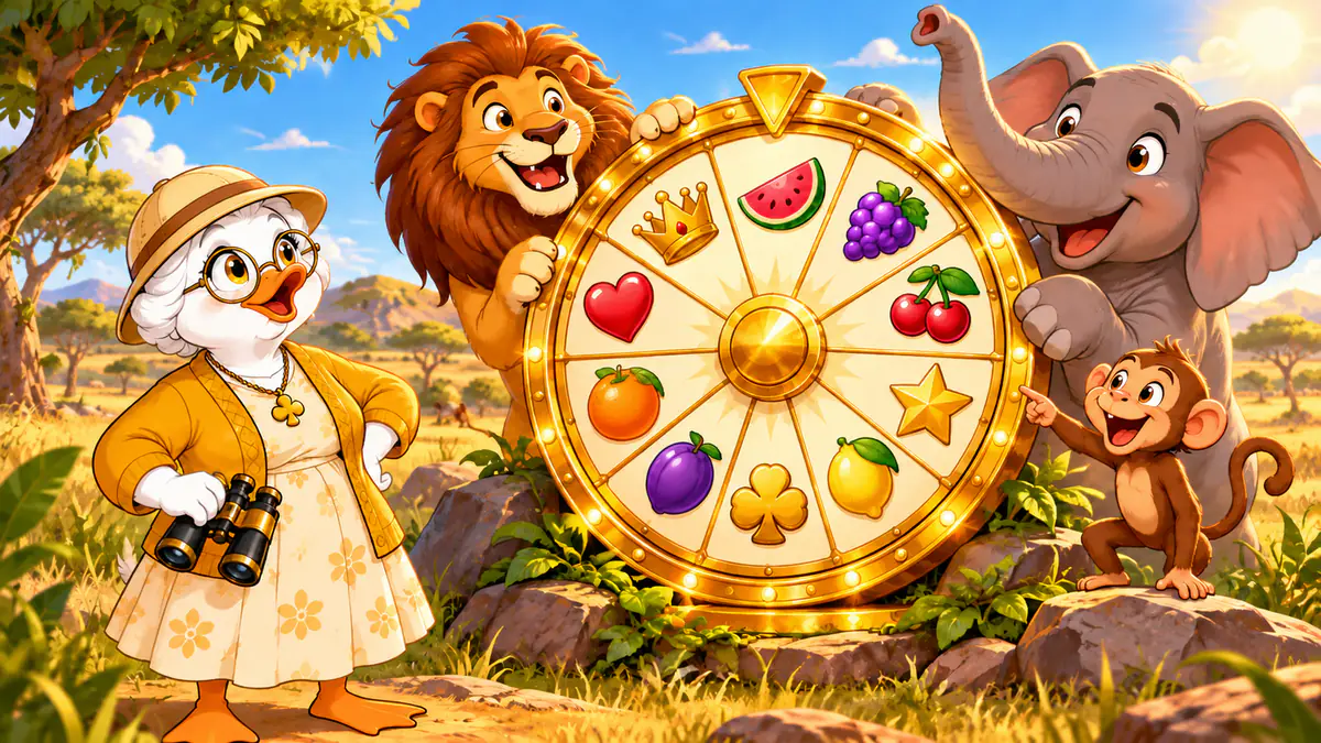 Granny Quackpot on safari with binoculars beside a jackpot wheel, a lion, an elephant and a monkey
