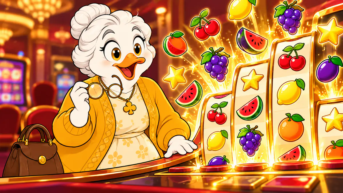 Granny Quackpot amazed as slot reels of different heights spill out cherries, grapes and stars