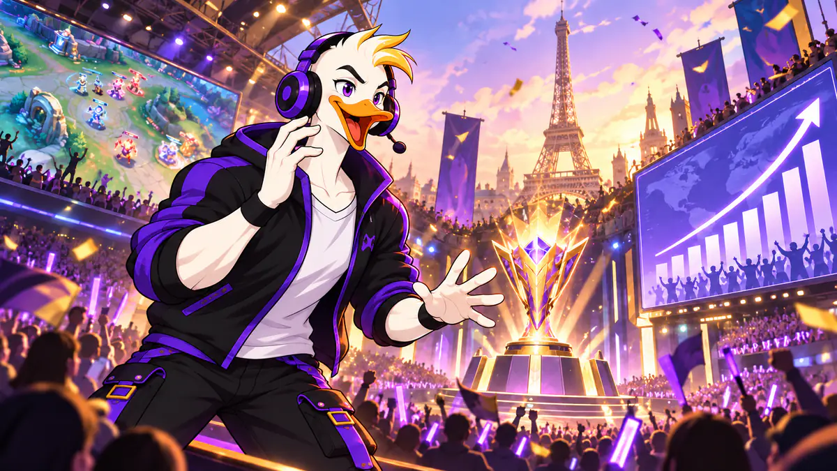 Captain Quackquake amazed at a record viewership chart at an esports event in Paris