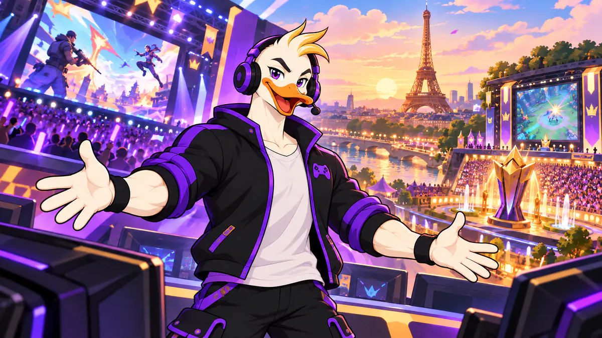 Captain Quackquake presenting an esports stage at sunset with a trophy and the Eiffel Tower behind