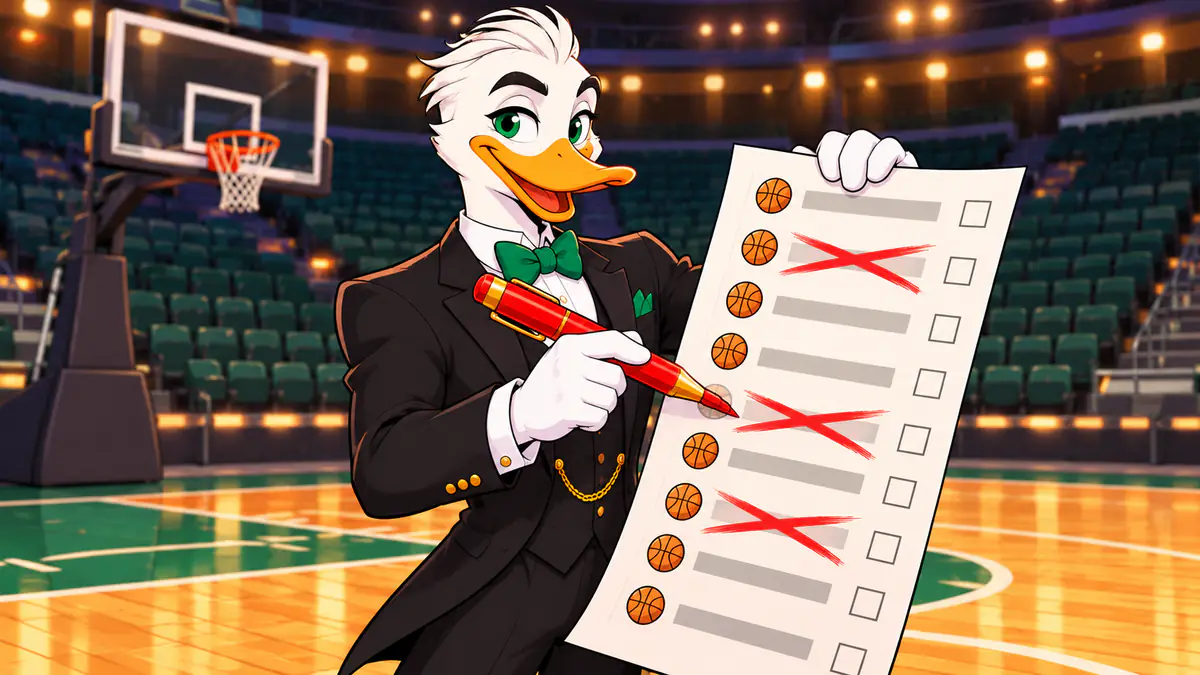 Mr. Quackington in a tuxedo holding a betting slip with several basketball rows crossed out with a red pen in an empty basketball arena