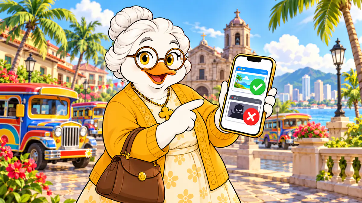 Granny Quackpot holding a phone that shows one site with a green tick and another with a red cross, in a sunny Philippine plaza with colourful jeepneys