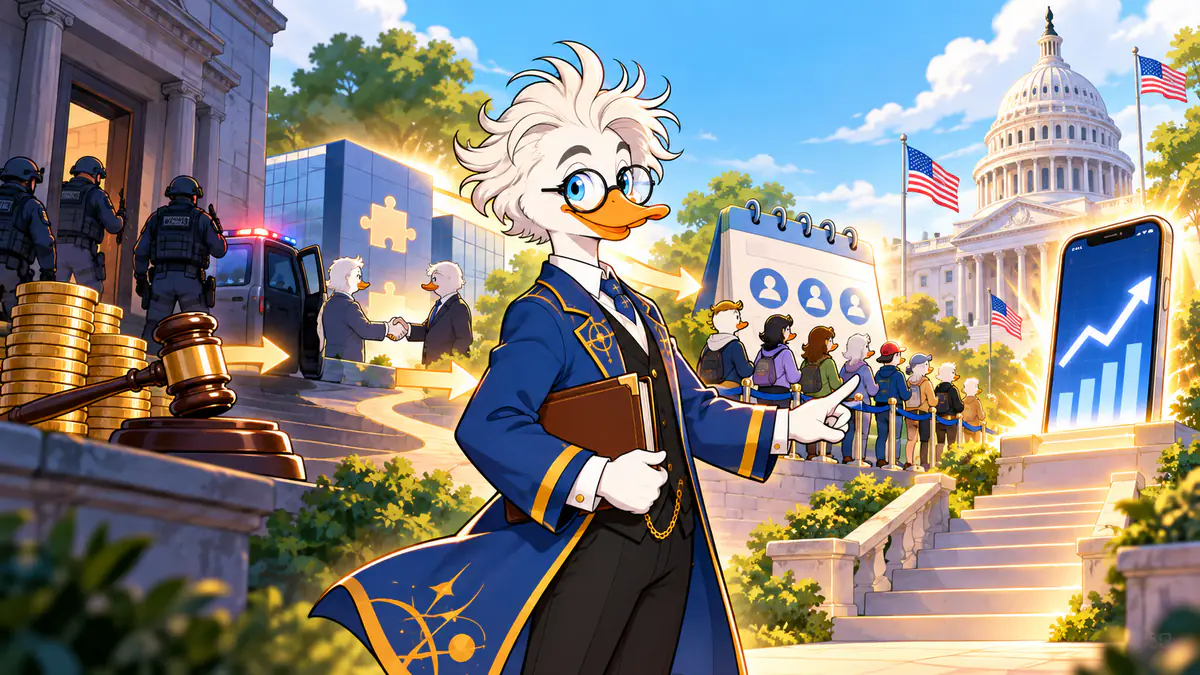 Professor Quackstradamus walking up steps towards the US Capitol with a phone showing a rising chart