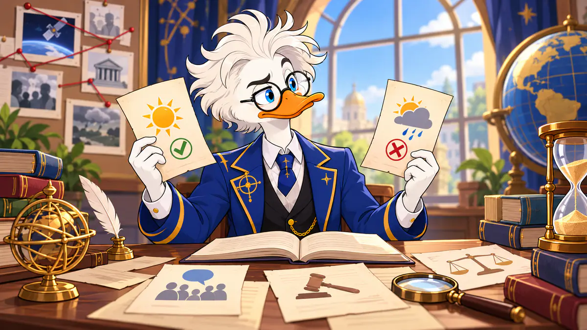 Professor Quackstradamus checking sunny and rainy outcome cards against evidence pinned to a board