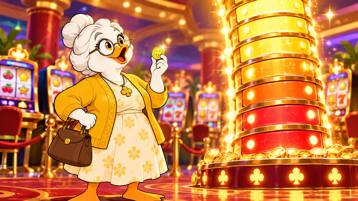 Granny Quackpot holding a single coin under a giant glowing jackpot meter climbing towards the ceiling