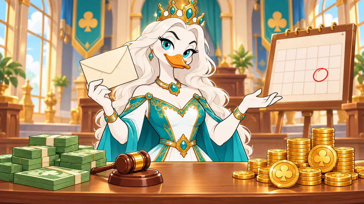Queen Quacksie at a courtroom table holding an envelope, choosing between a stack of banknotes and a pile of gold coins, with a circled date on a calendar