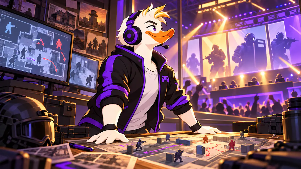 Captain Quackquake leaning over a tactical Rainbow Six style map board in an esports arena