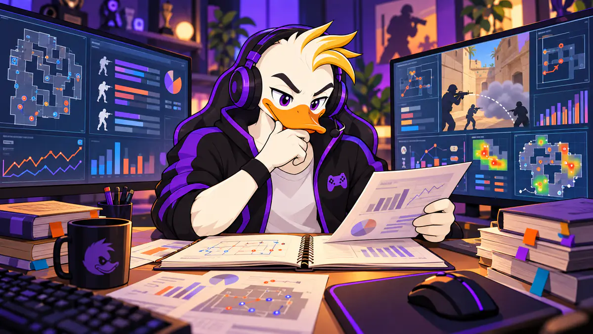 Captain Quackquake studying esports stats, heatmaps and charts on several monitors