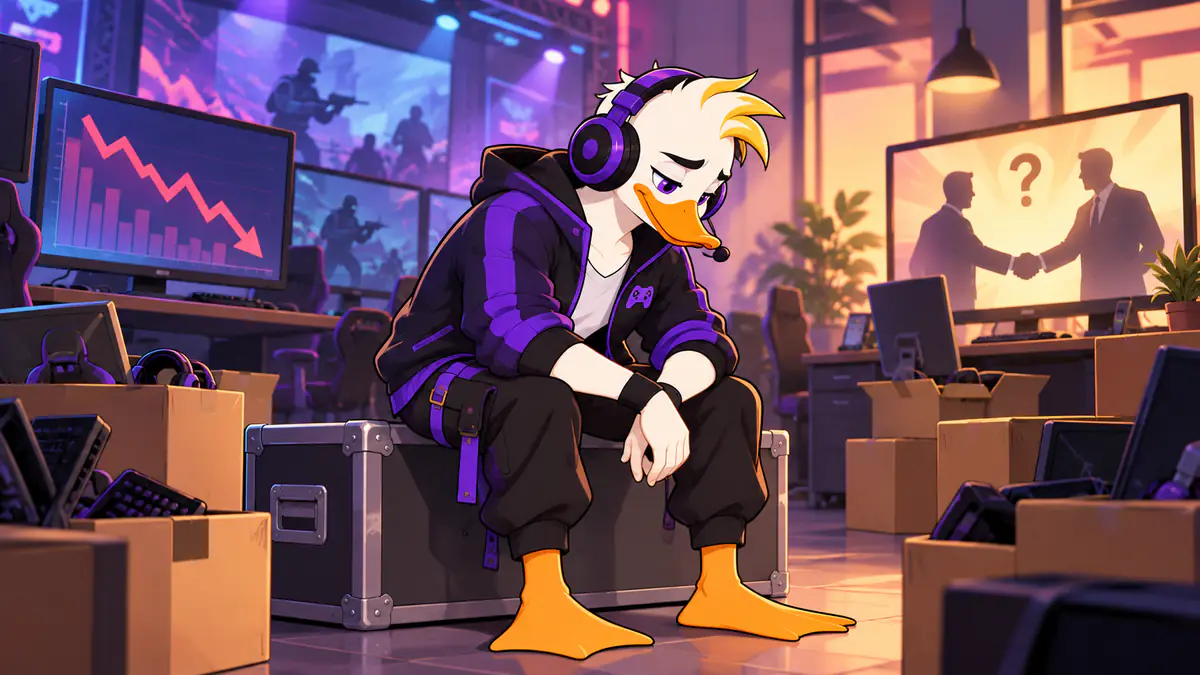Captain Quackquake sitting dejected among packed boxes in an emptied esports office with a falling chart