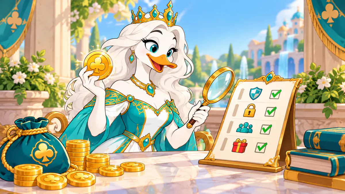 Queen Quacksie checking a sweepstakes casino safety checklist with a magnifying glass