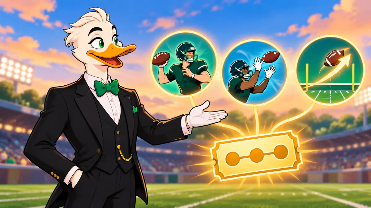 Mr. Quackington linking three American football player bubbles into one golden parlay ticket