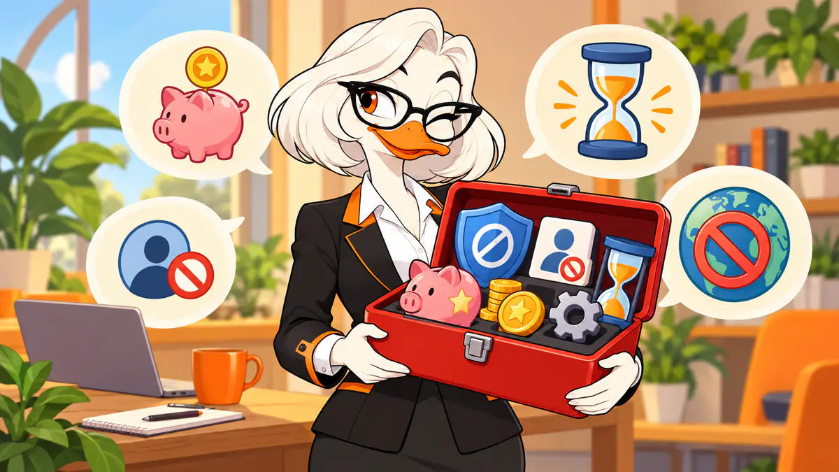Miss Quackles holding a toolbox of responsible gambling tools: limits, timers, a piggy bank and a block icon