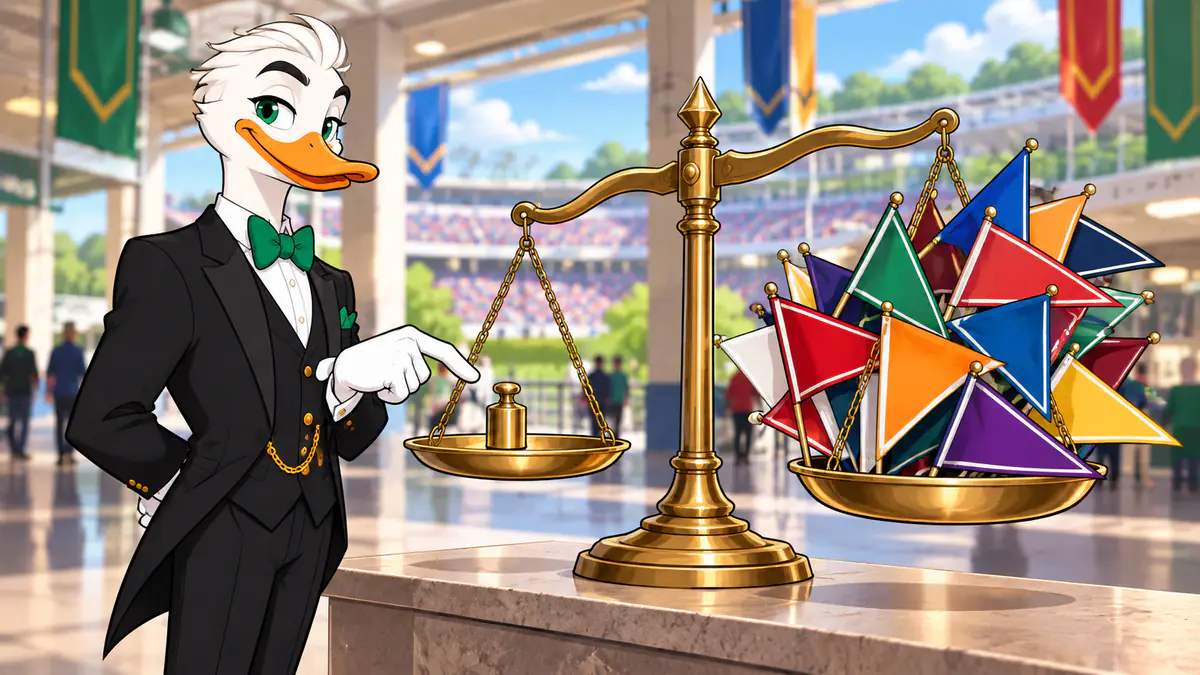 Mr. Quackington with balance scales holding one small weight against a pile of fan flags
