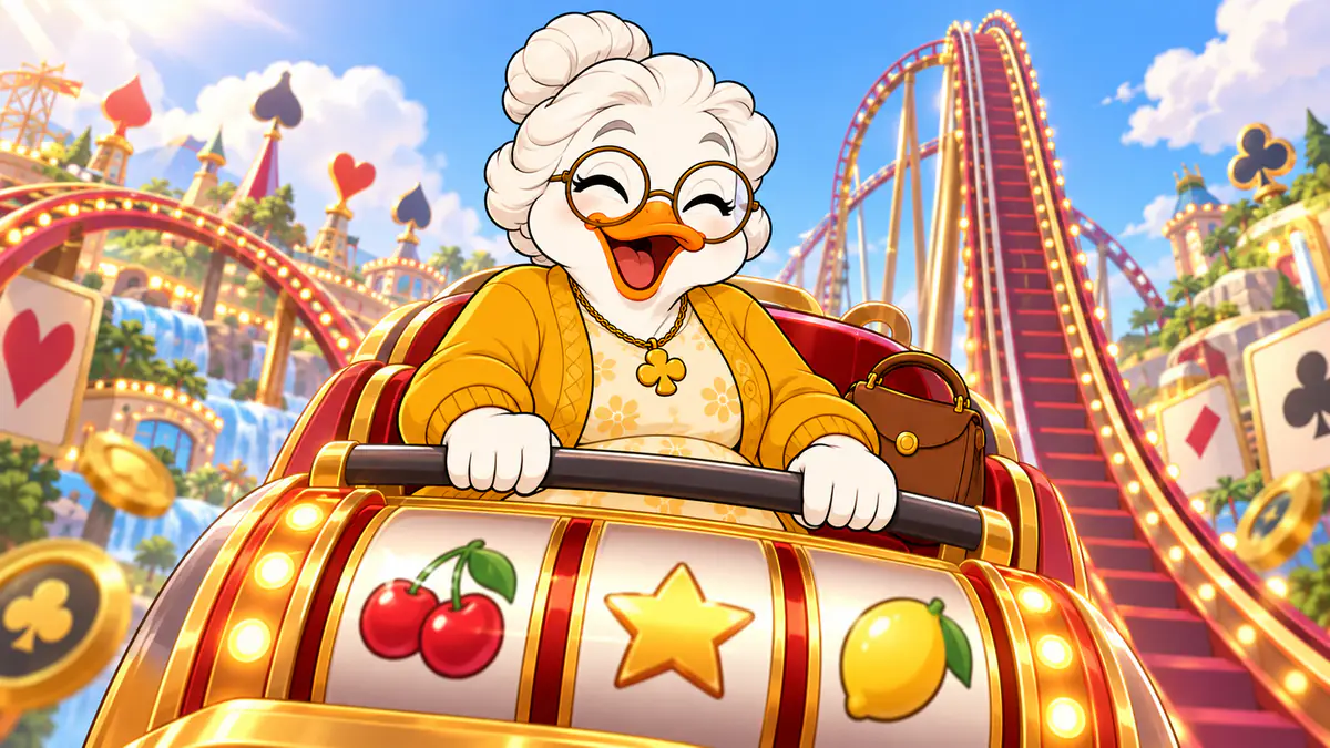 Granny Quackpot laughing on a rollercoaster car made of slot reels, with a gentle track and a steep track behind