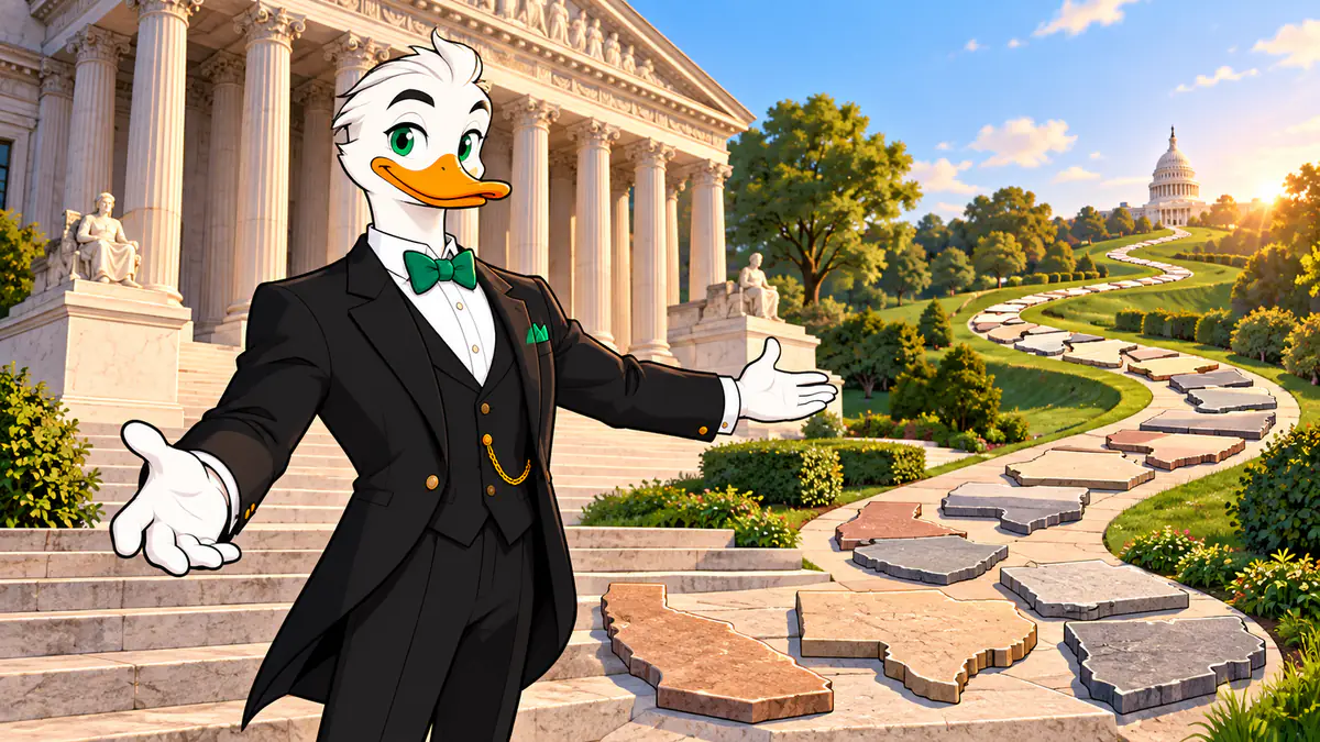 Mr. Quackington on the Supreme Court steps beside a stepping-stone path of US state shapes leading to the Capitol