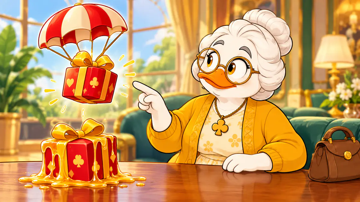 Granny Quackpot pointing at a bonus gift box floating away on a parachute while another is stuck in honey