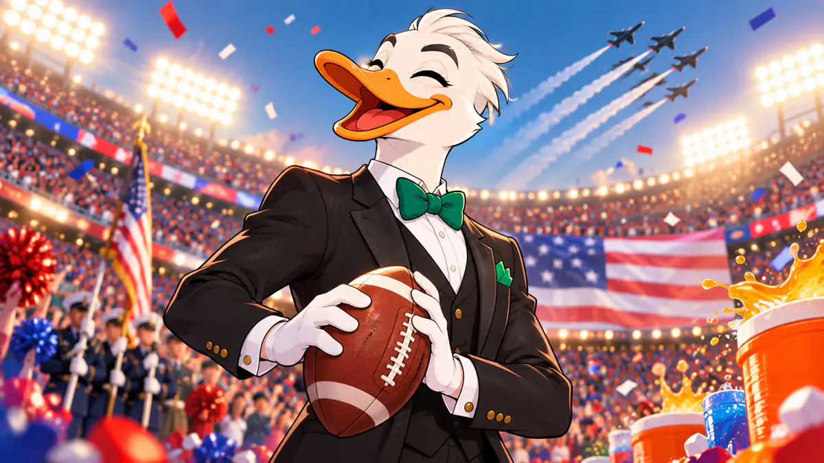 Mr. Quackington laughing with an American football in a packed stadium under fireworks and a jet flyover
