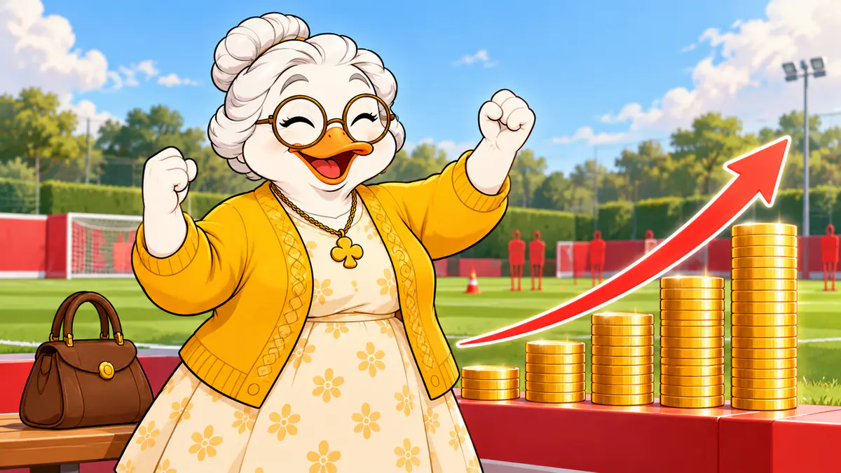 Granny Quackpot cheering by a football pitch as stacks of coins rise with a red arrow