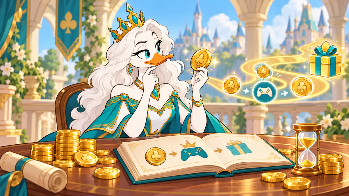 Queen Quacksie following coins along a playthrough path from coin to game to gift box, with an hourglass