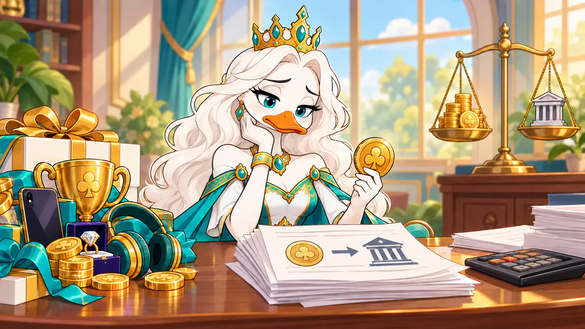 Queen Quacksie looking at prize winnings, a tax form and a calculator with balance scales behind