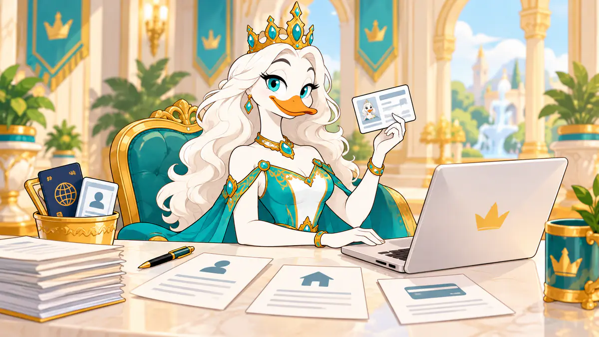 Queen Quacksie holding up her ID card at a laptop with a passport and address documents on the desk