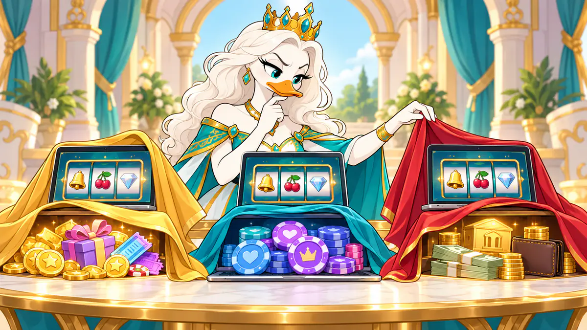 Queen Quacksie comparing a sweepstakes slot with coins and a real-money slot with cash