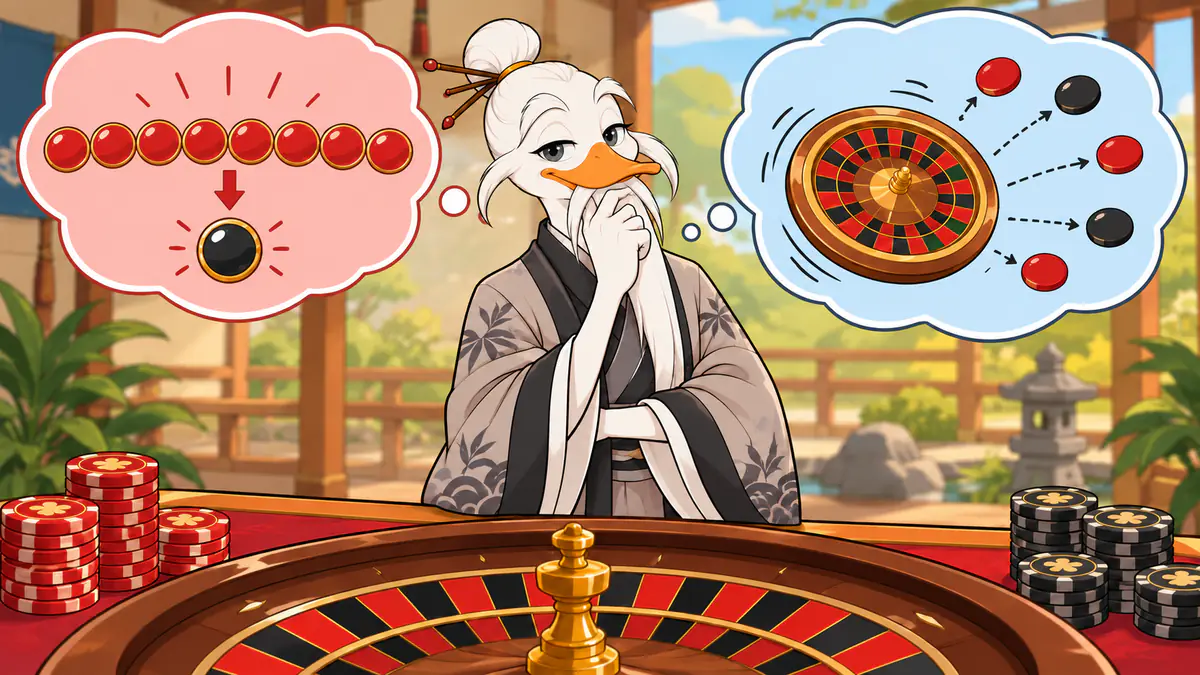 Quackimoto Sensei at a roulette table thinking about a long streak of red and what comes next
