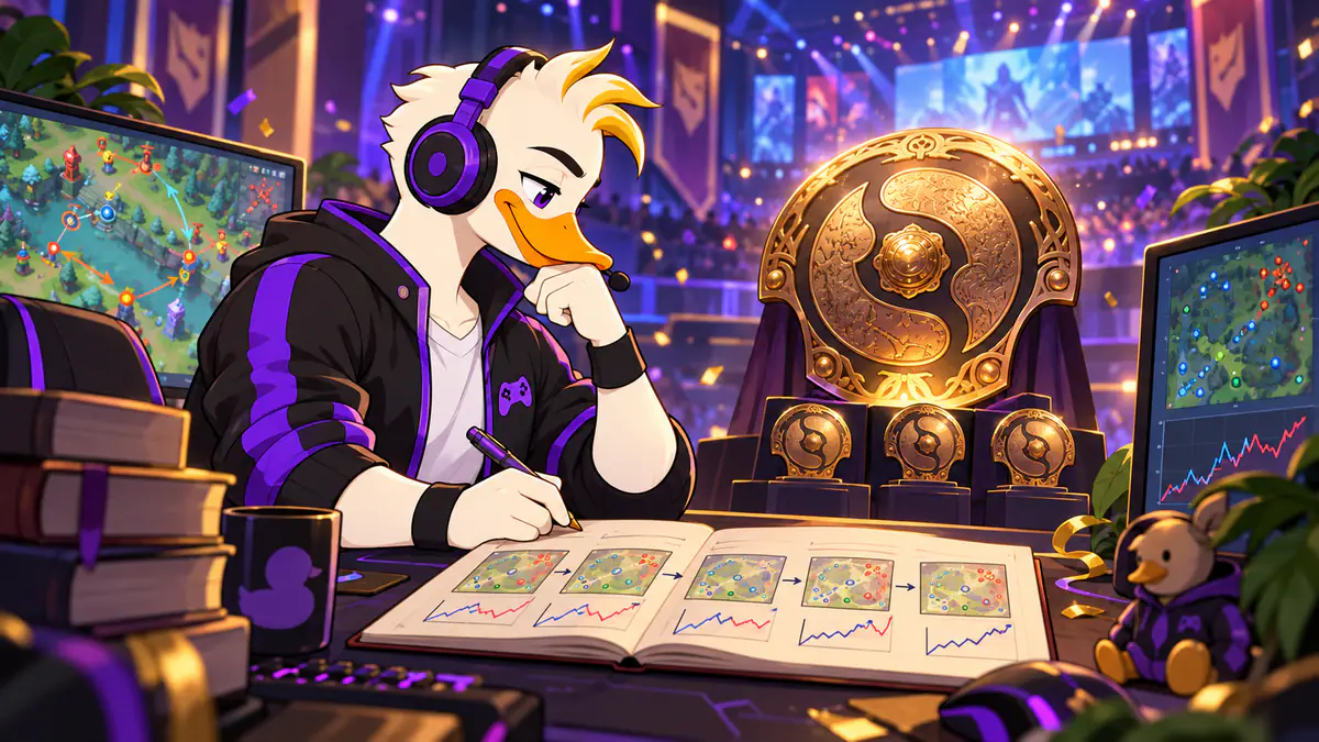 Captain Quackquake reviewing match notes at a desk in front of a golden Dota 2 style trophy