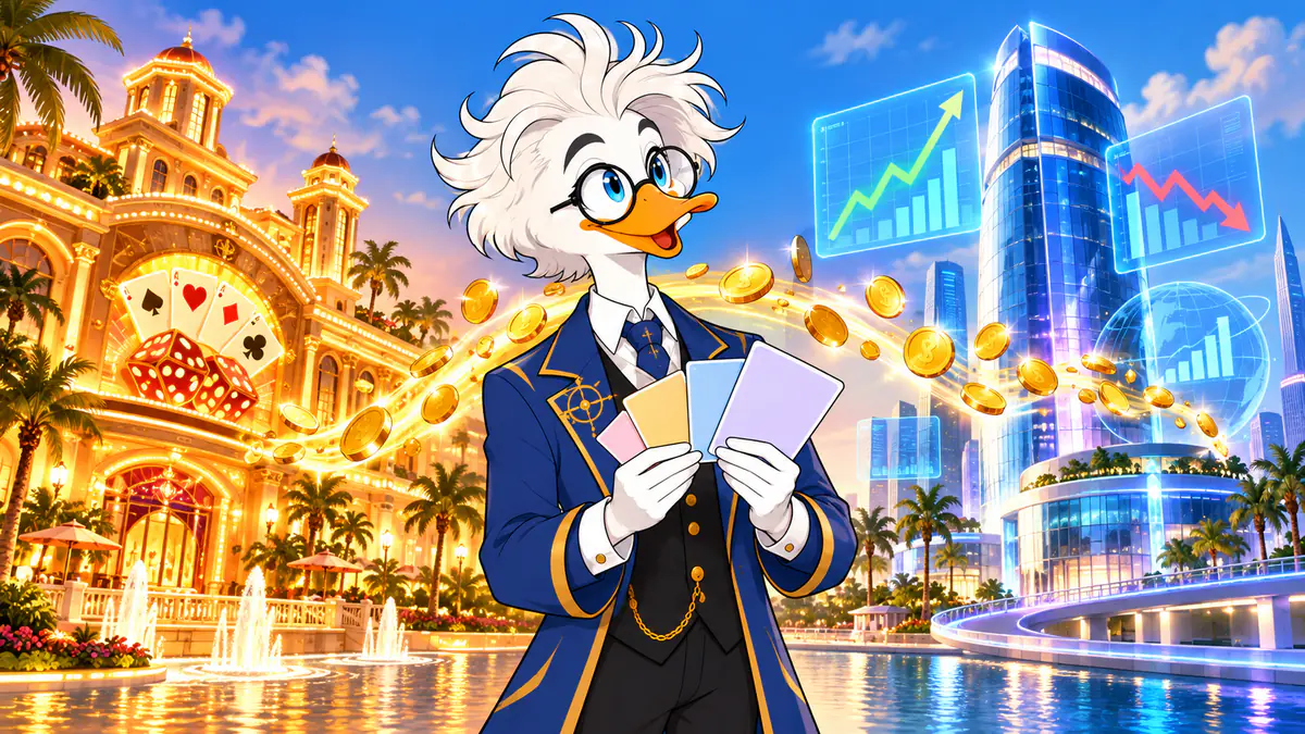 Professor Quackstradamus holding scenario cards as gold coins flow from a resort casino to a glass tower covered in charts