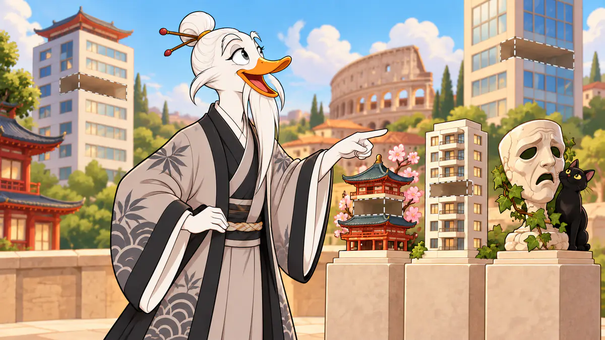 Quackimoto Sensei pointing at a building missing a floor, with a pagoda, the Colosseum and a mask behind