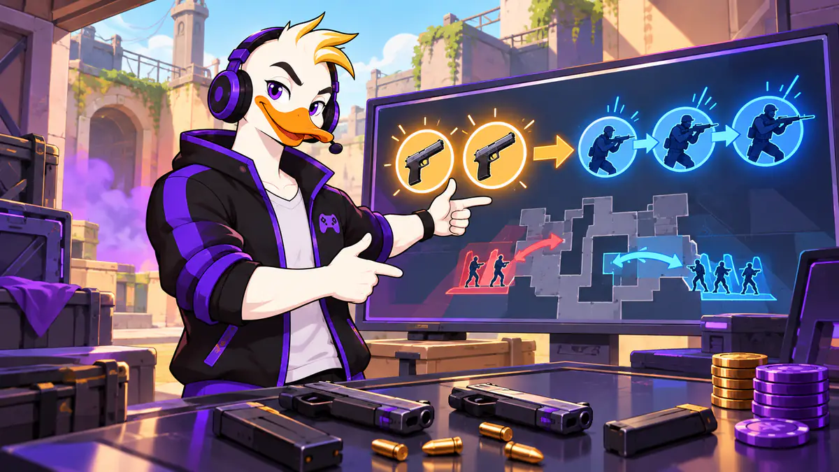 Captain Quackquake pointing at a screen explaining Valorant pistol rounds and the economy that follows
