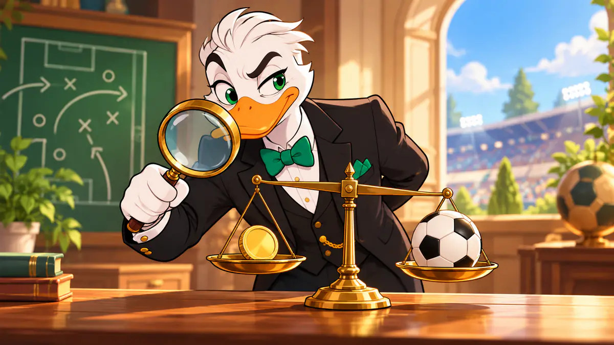 Mr. Quackington inspecting the odds with a magnifying glass beside balance scales and a soccer ball