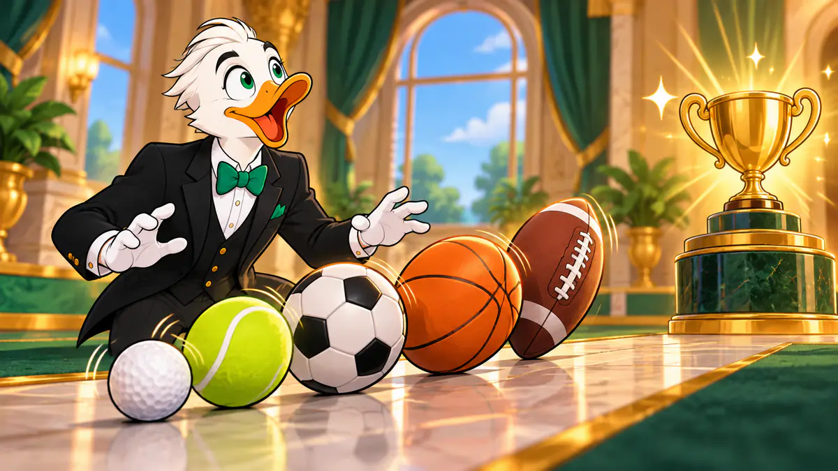 Mr. Quackington juggling a golf ball, tennis ball, soccer ball, basketball and football towards a trophy