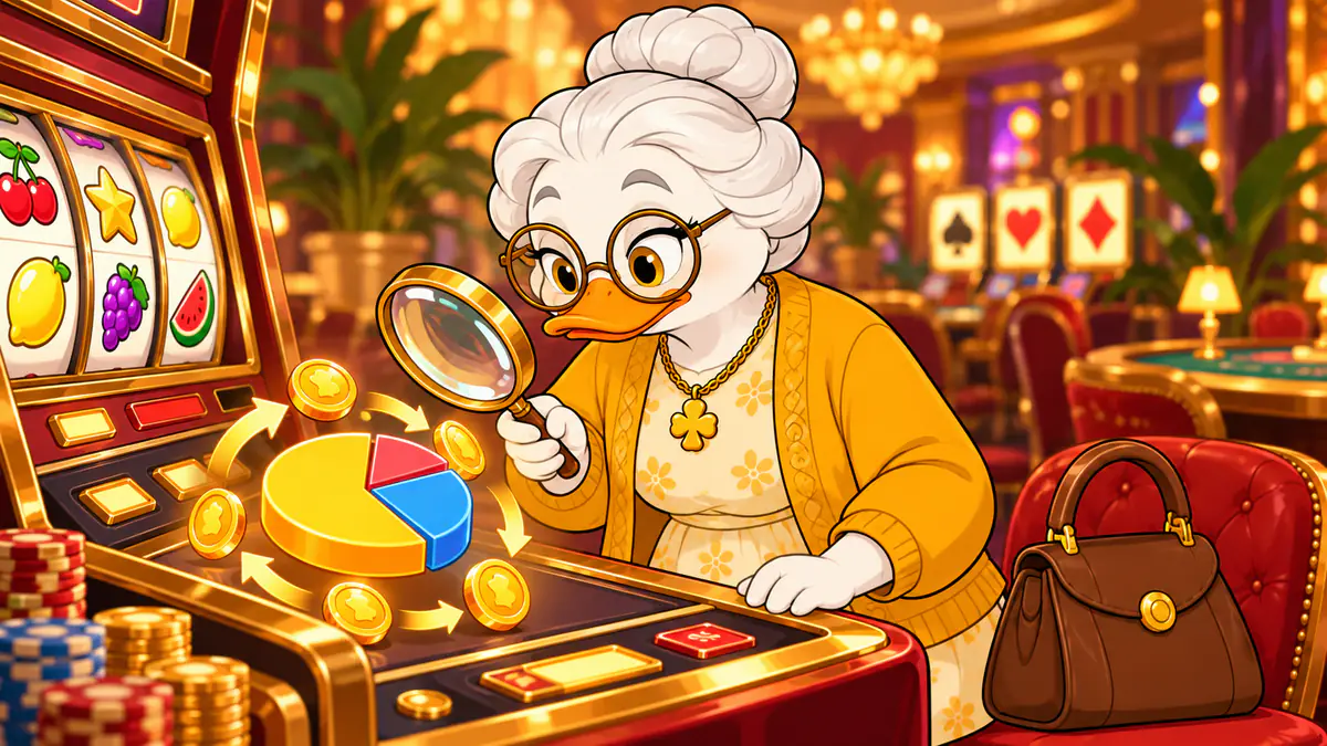 Granny Quackpot inspecting a slot machine's payout pie chart with a magnifying glass as coins flow back