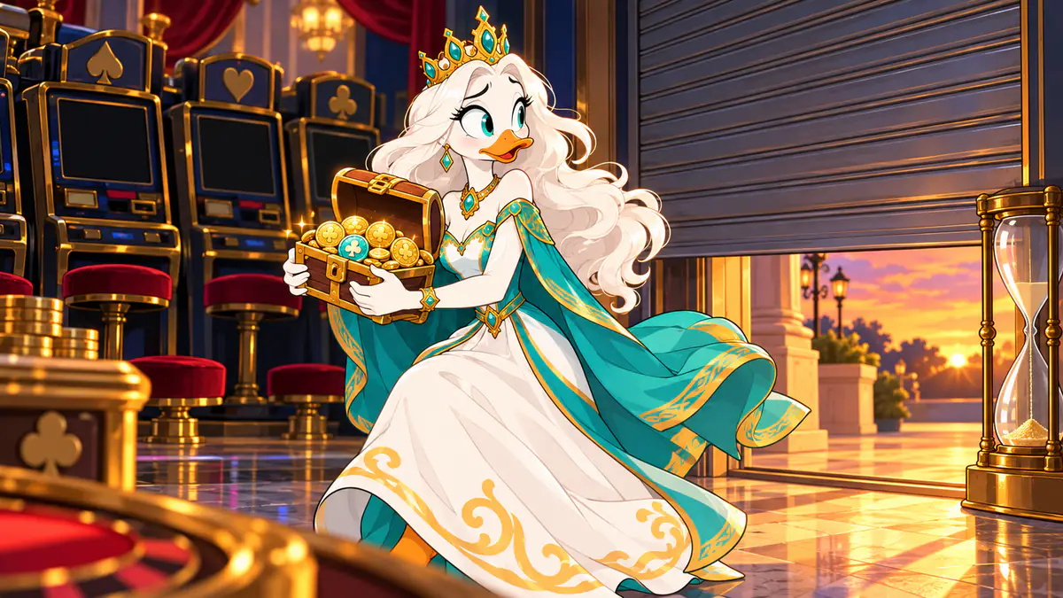 Queen Quacksie hurrying out of a closing arcade at sunset with a treasure chest of coins, past switched-off machines and an hourglass running out