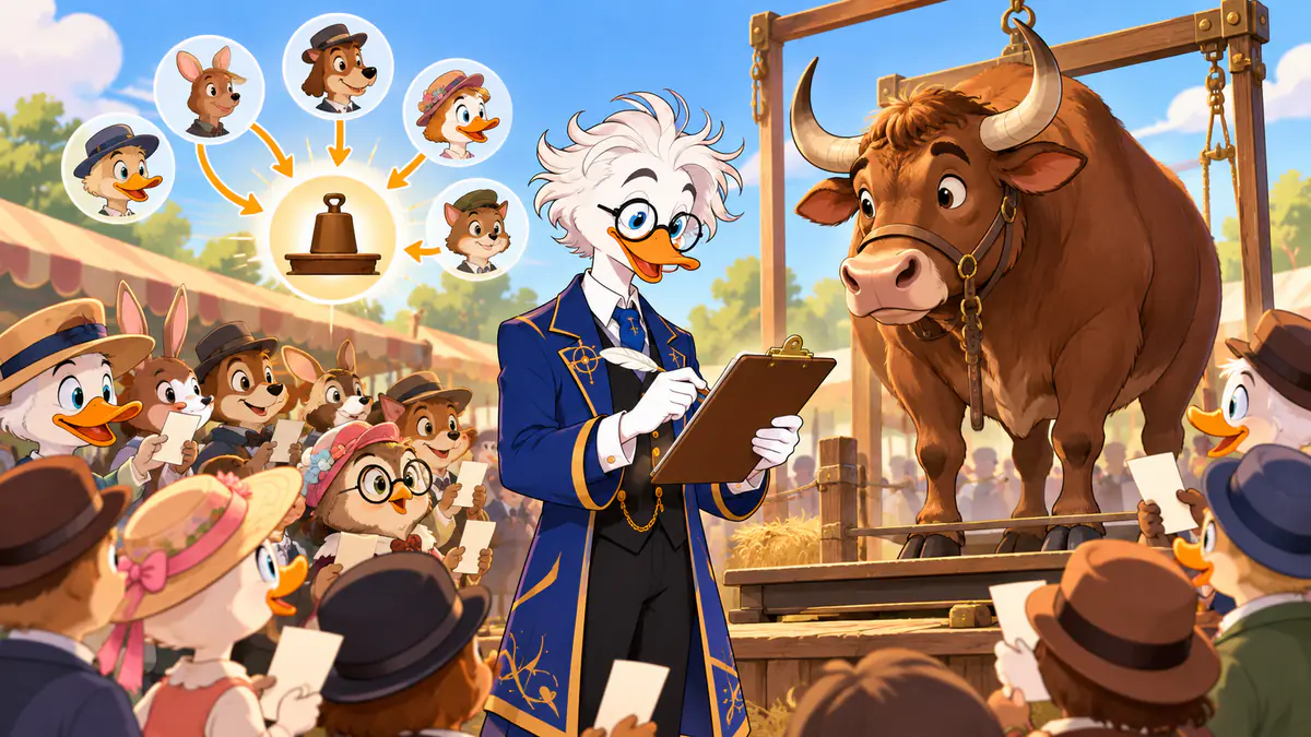 Professor Quackstradamus collecting guesses from a crowd at a fair about the weight of an ox