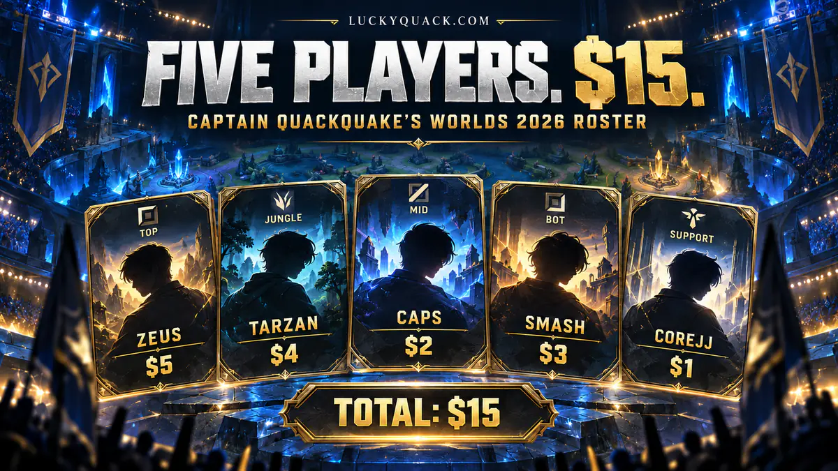 Five golden player cards for Zeus, Tarzan, Caps, Smash and CoreJJ in an arena under the headline Five Players. $15.