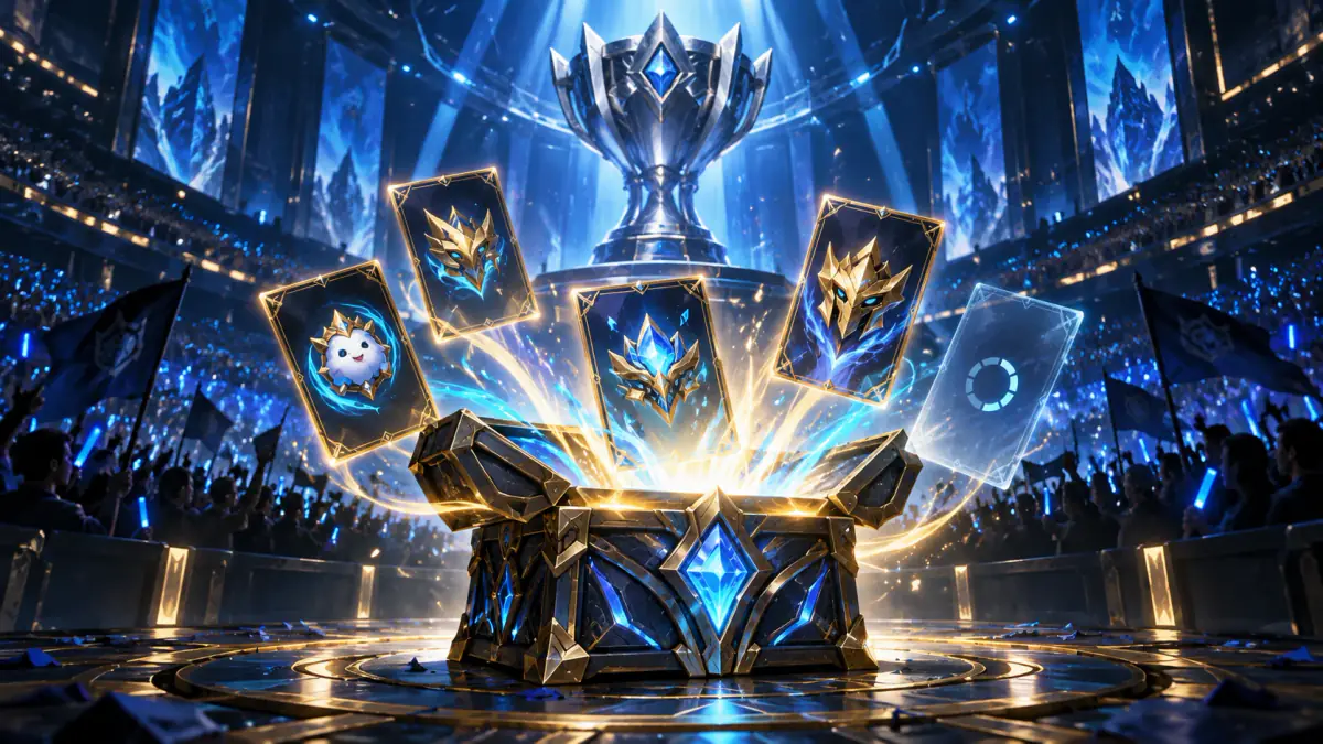 A glowing black-and-gold chest bursting open in a packed esports arena, with reward cards floating out beneath a giant silver trophy