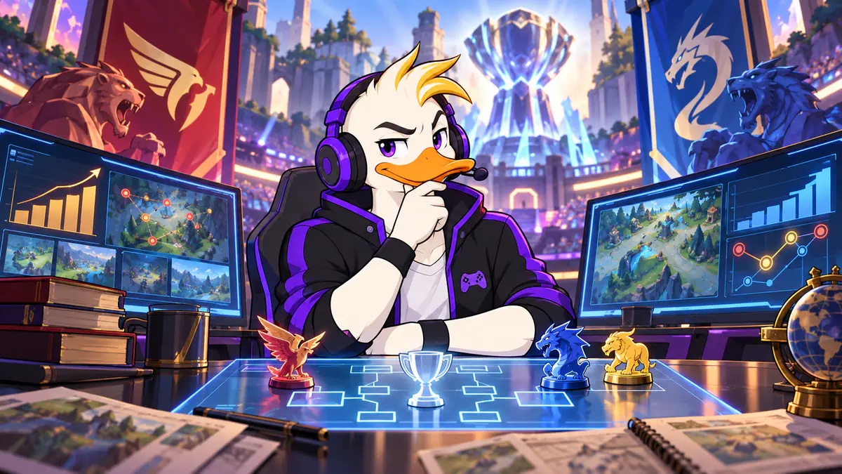 Captain Quackquake studying a tournament bracket with dragon banners and match stats on screen