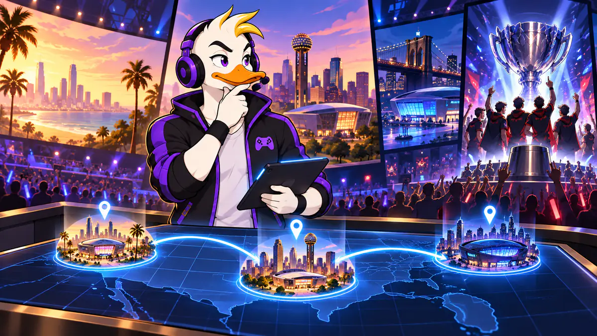 Captain Quackquake planning the tournament route between host cities on a glowing map