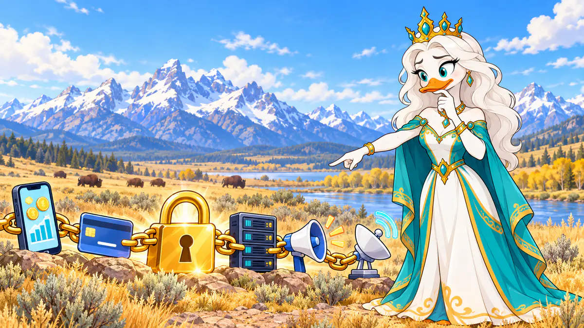Queen Quacksie on a Wyoming prairie pointing at a chain of phone, card, server, megaphone and satellite dish locked by a padlock