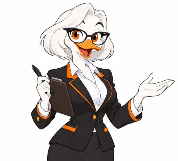 Miss Quackles with a clipboard