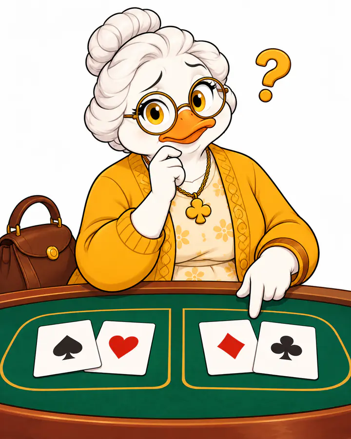 Granny Quackpot thinking with a question mark at a baccarat table with two hands of cards