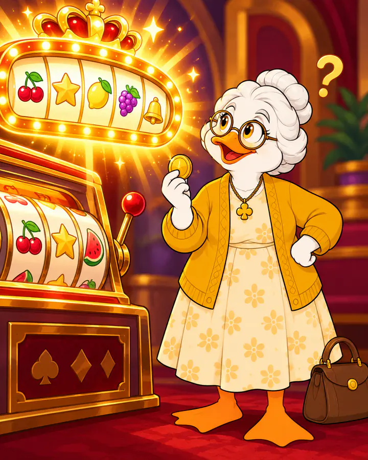 Granny Quackpot holding a coin next to a glowing jackpot slot machine with a question mark