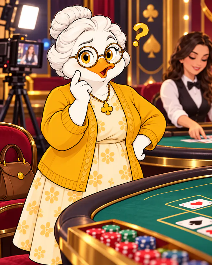 Granny Quackpot wondering at a live casino table while a dealer deals the cards