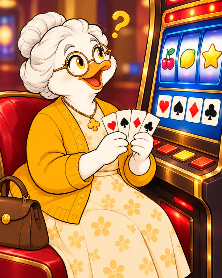 Granny Quackpot holding a poker hand in front of a video poker machine with a question mark