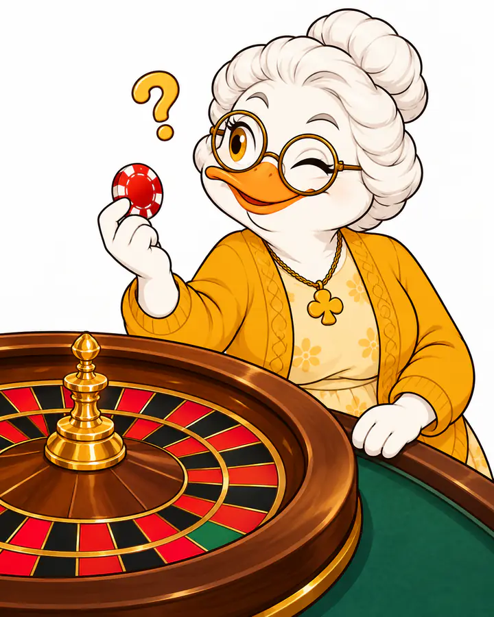 Granny Quackpot holding a red chip by a roulette wheel with a question mark