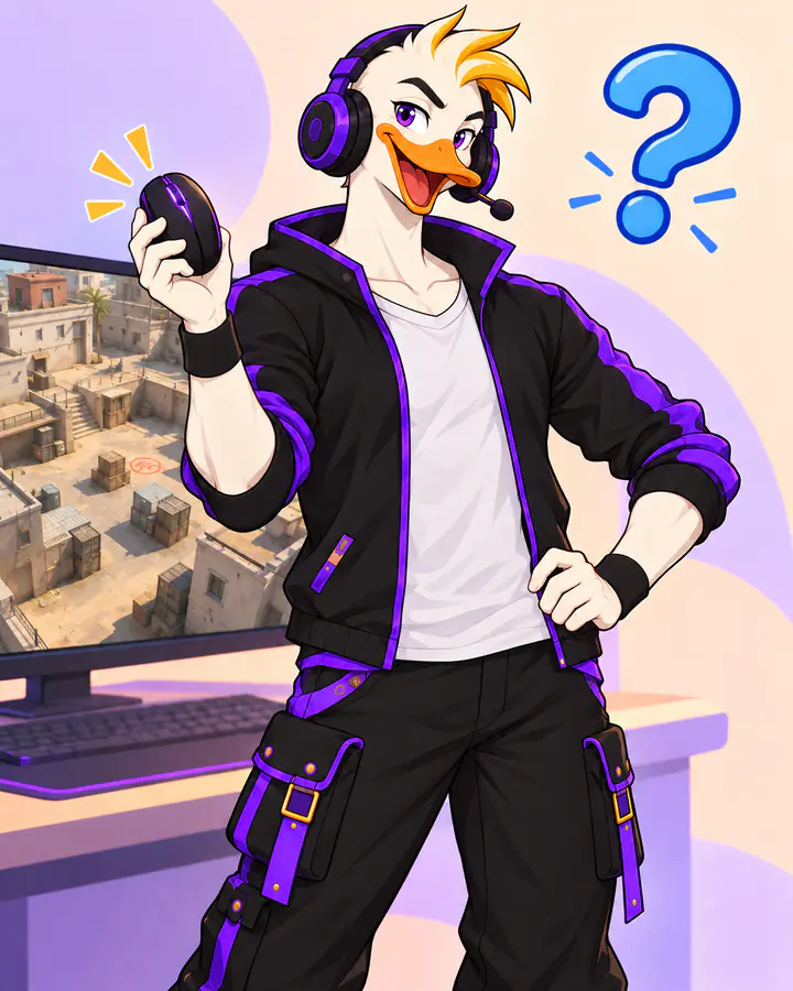 Captain Quackquake holding a grenade with a question mark, Counter-Strike 2 style map behind him