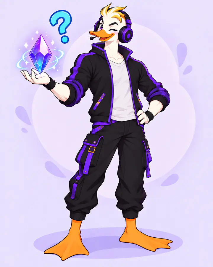 Captain Quackquake holding a glowing purple crystal with a question mark above his head